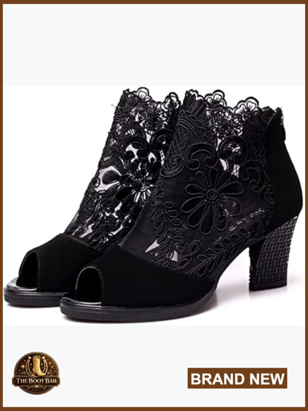 Open Toe Lace Mesh Heeled Sandals with Ankle Strap Block Heel Zipper
